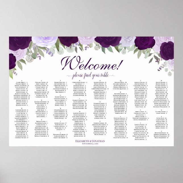 Purple Roses Horizontal Alphabetical Seating Chart (Front)