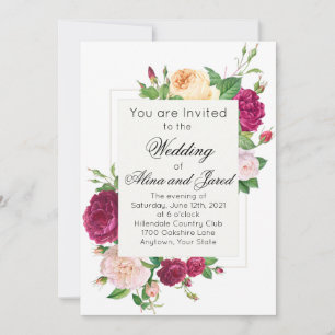 Purple Roses on White Wedding Invitation