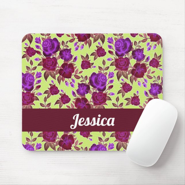 Purple roses on yellow mouse pad (With Mouse)