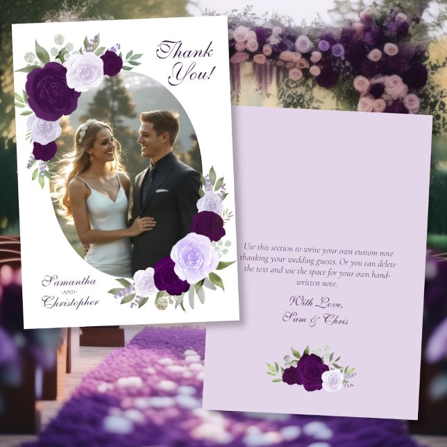 Purple Roses Oval Photo Writable Back Wedding Thank You Card (Front/Back)