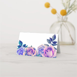 Purple roses seating card. Blue wedding floral Place Card
