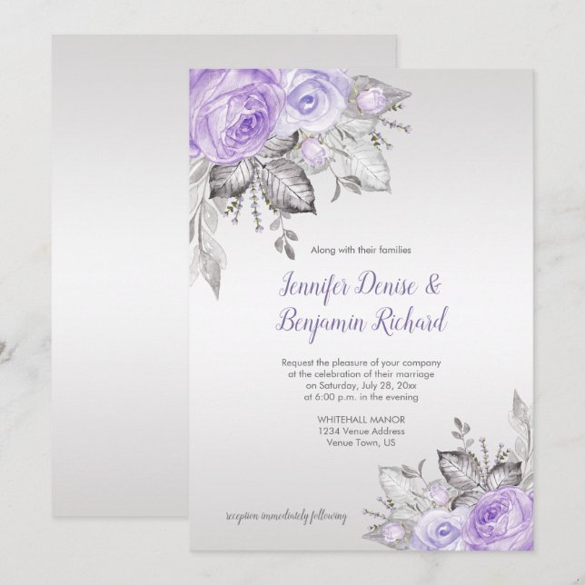 Purple Roses Silver Leaves - Silver - Wedding | Invitation (Front/Back)