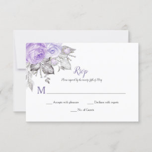 Purple Roses Silver Leaves - White - Wedding   RSVP Card