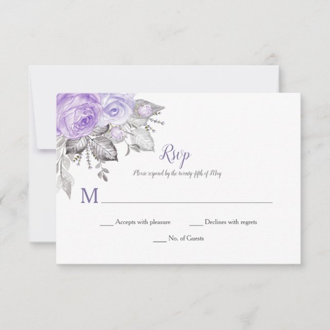 Purple Roses Silver Leaves - White - Wedding | RSVP Card (Front)