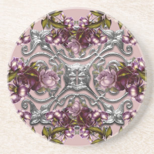 Purple Roses Silver Medallion Vintage Sandstone Coaster
