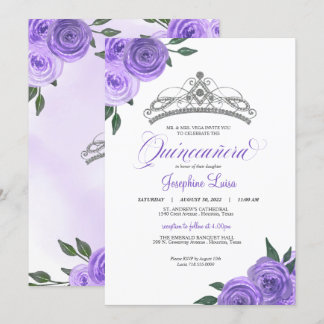 Purple Roses Silver Tiara Quinceañera Birthday Inv Invitation