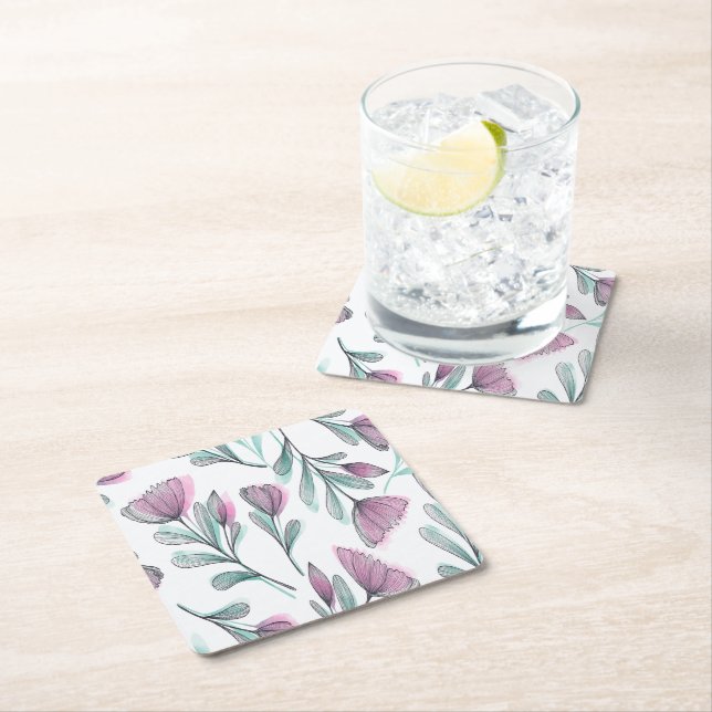 Purple roses square paper coaster (Insitu)