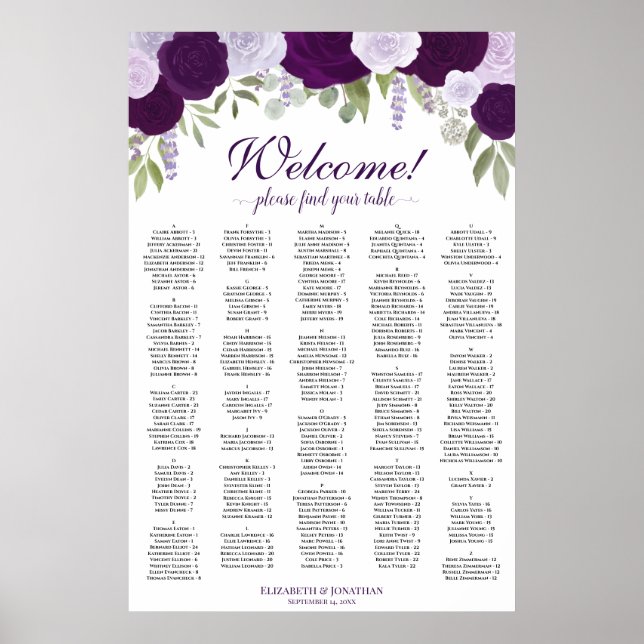 Purple Roses Vertical Alphabetical Seating Chart (Front)