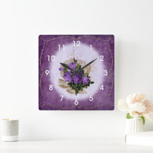 Purple Roses Vintage Style Shabby Chic Square Wall Clock