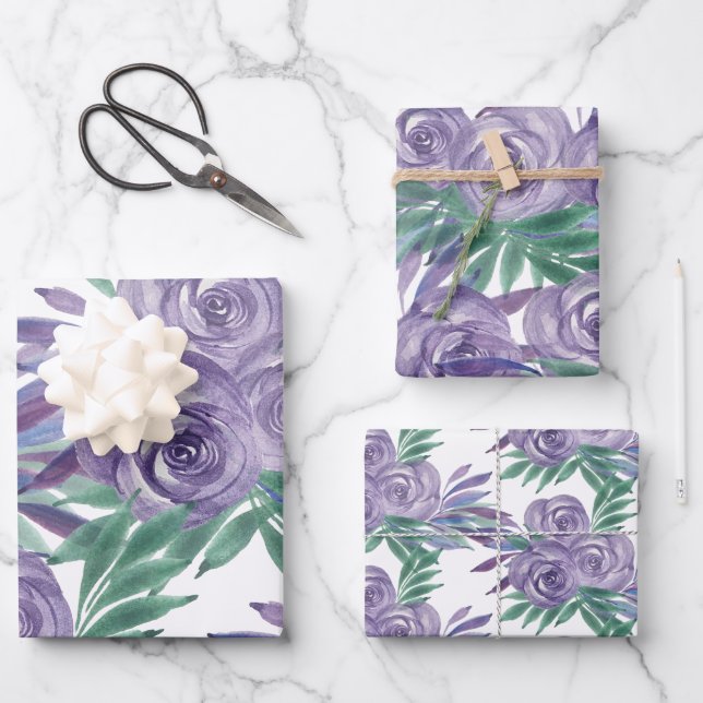 Purple Roses Watercolor Hand-painted Wrapping Paper Sheet (Front)