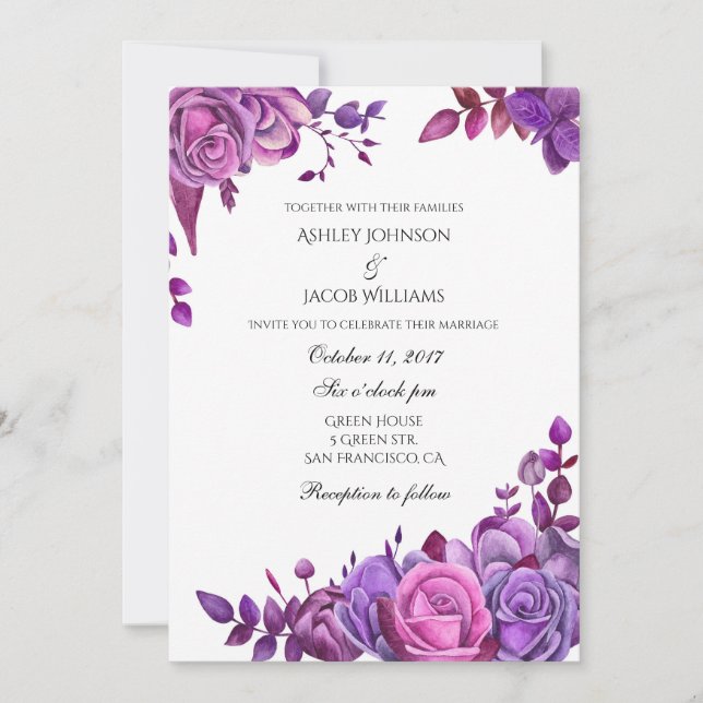 Purple roses wedding invitation Pink floral invite (Front)