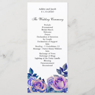 Purple roses wedding program. Floral ceremony Program