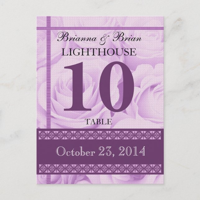 PURPLE Roses Wedding Table Number Card Reception (Front)