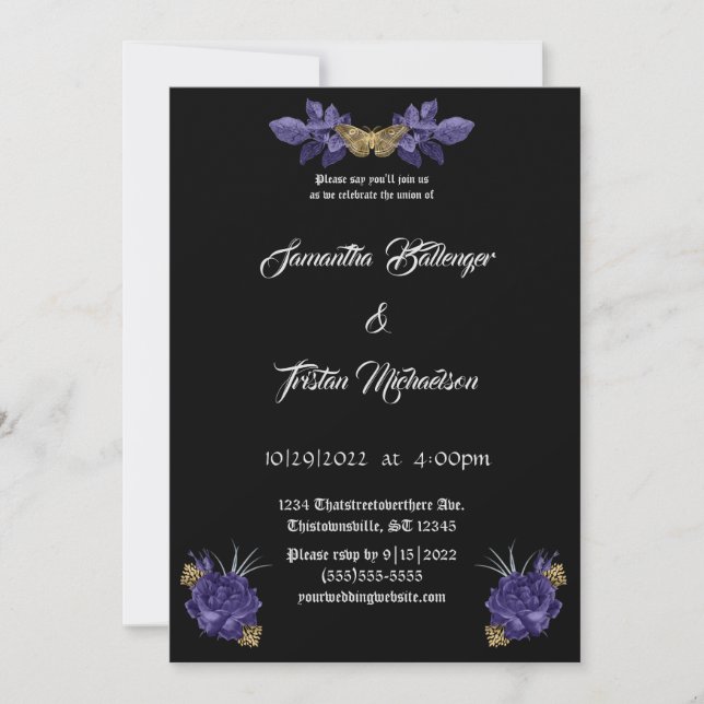 Purple Roses with Gold Moth Gothic Wedding Invitation (Front)