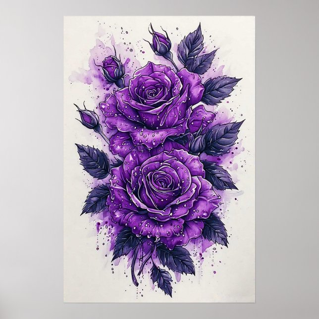Purple Roses with Water Droplets Poster (Front)