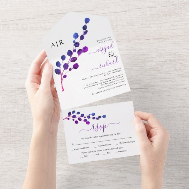 Purple round leaf eucalyptus branch wedding   all in one invitation (Tearaway)