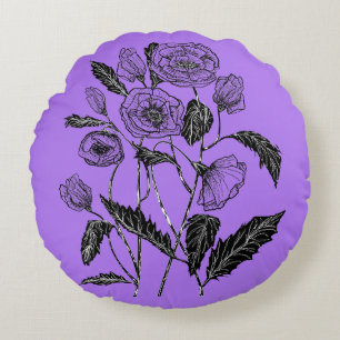 Purple Round Pillow Poppy Flowers - Custom Colours