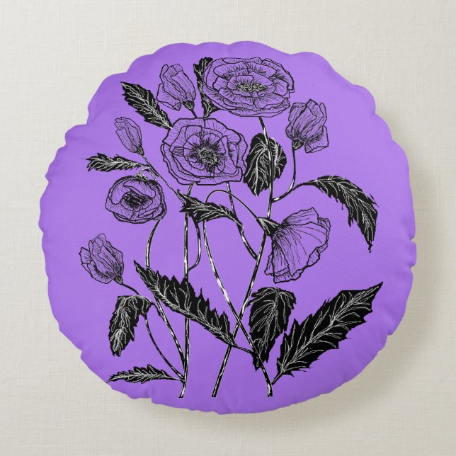 Purple Round Pillow Poppy Flowers - Custom Colours (Front)