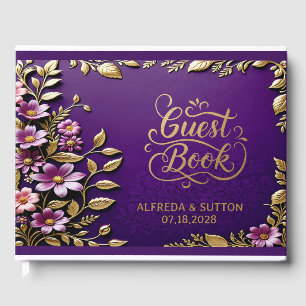 Purple Royal and gold metallic elegant floral  Guest Book