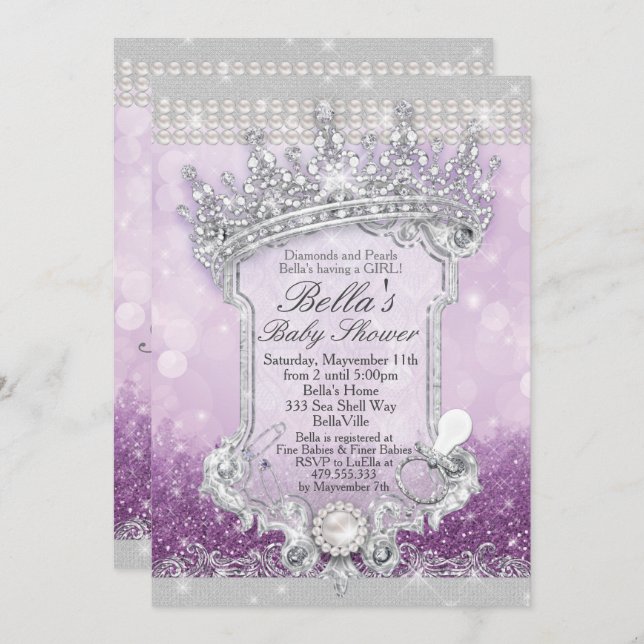 Purple Royal Bling Glitter Baby Shower Invitations (Front/Back)