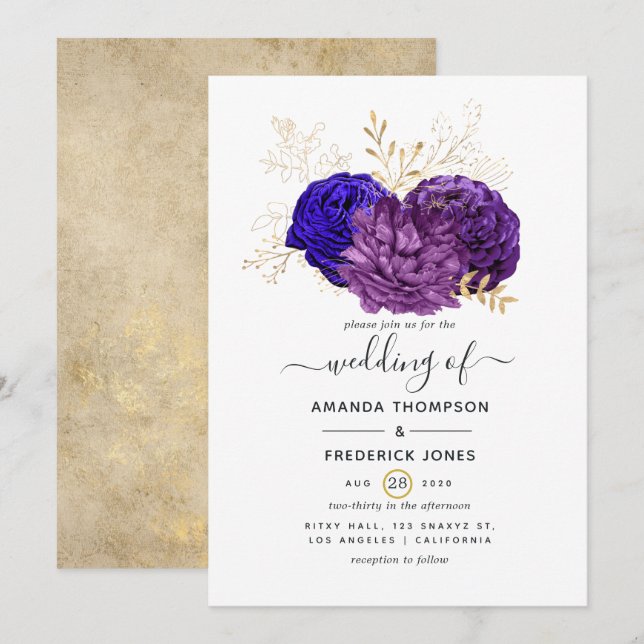 Purple, Royal Blue and Gold Floral Wedding Invitation (Front/Back)