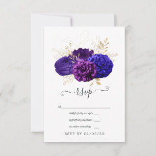 Purple, Royal Blue and Gold Floral Wedding RSVP Card