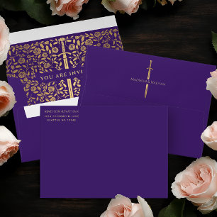 Purple Royal Medieval Gold Sword Wedding Envelope