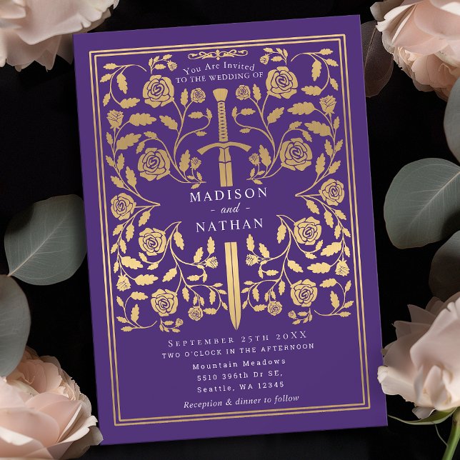 Purple Royal Medieval Gold Sword Wedding Invitation (Creator Uploaded)