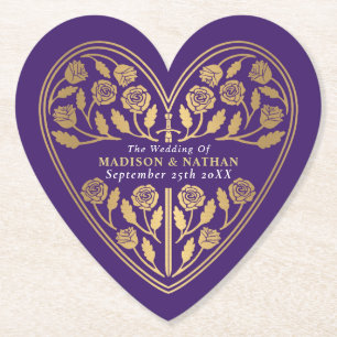 Purple Royal Medieval Gold Sword Wedding Paper Coaster