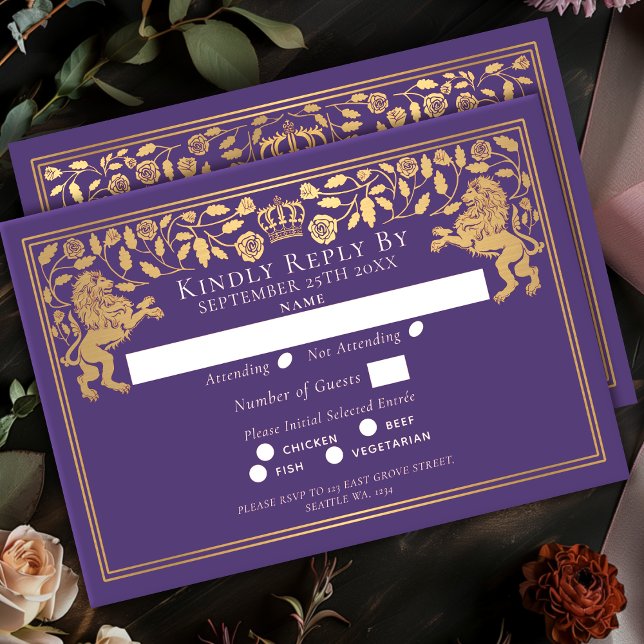 Purple Royal Medieval Lion Wedding RSVP Card (Creator Uploaded)