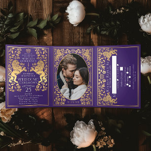 Purple Royal Medieval Lion Wedding Tri-Fold Invitation
