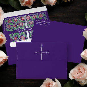 Purple Royal Medieval Silver Floral Sword Wedding Envelope
