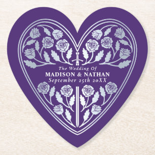 Purple Royal Medieval Silver Sword Wedding Paper Coaster