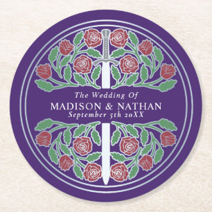 Purple Royal Medieval Silver Sword Wedding Round Paper Coaster