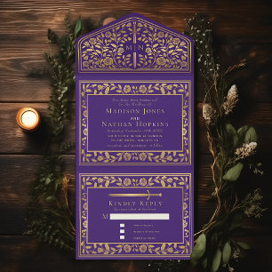 Purple Royal Medieval Sword Wedding All In One Invitation