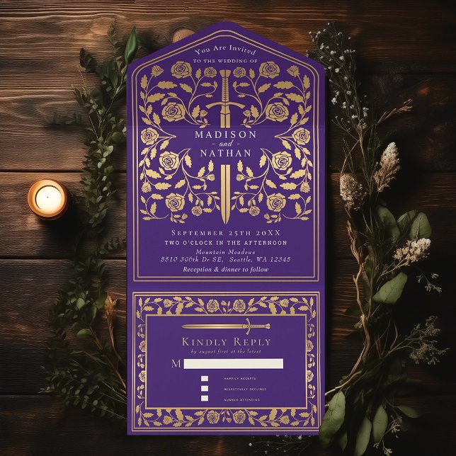 Purple Royal Medieval Sword Wedding  All In One Invitation (Creator Uploaded)