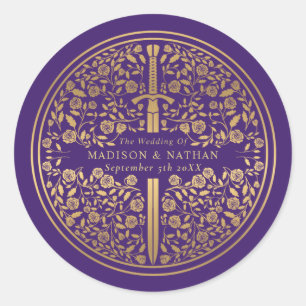 Purple Royal Medieval Sword Wedding Classic Round Sticker