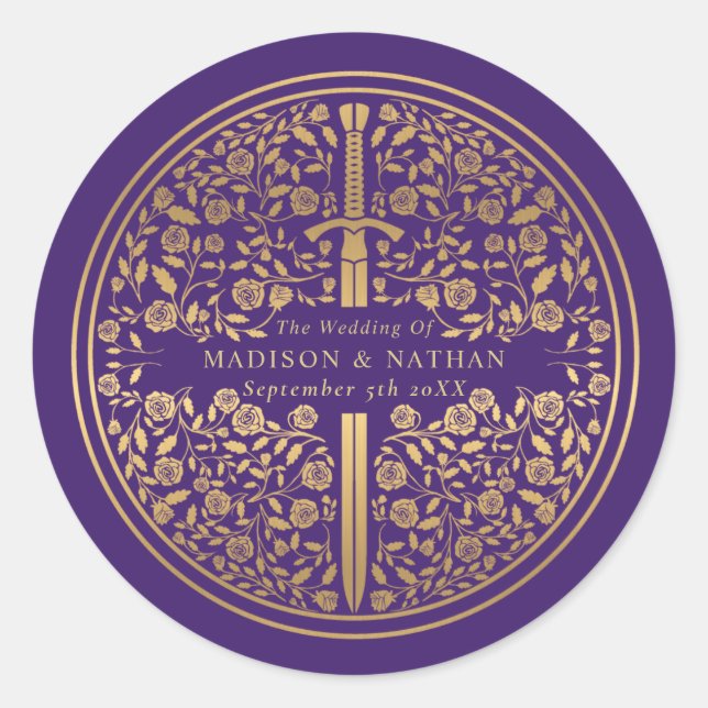 Purple Royal Medieval Sword Wedding Classic Round Sticker (Front)