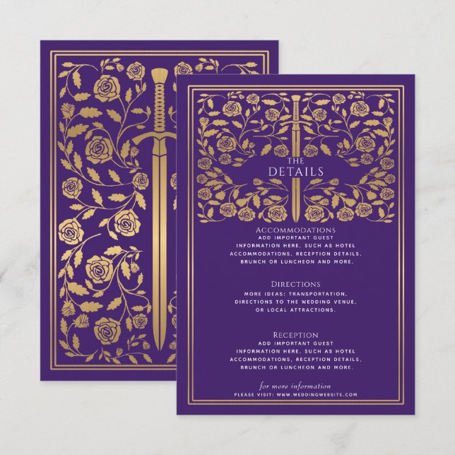  Purple Royal Medieval Sword Wedding Details  Enclosure Card (Front/Back)
