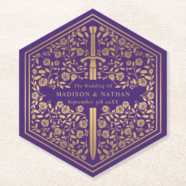Purple Royal Medieval Sword Wedding Paper Coaster (Front)