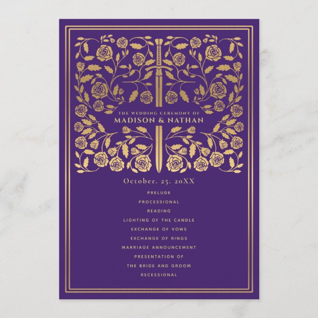Purple Royal Medieval Sword Wedding Program (Front)