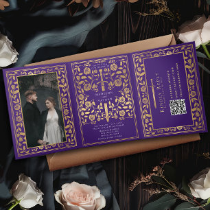 Purple Royal Medieval Sword Wedding QR Code Tri-Fold Invitation