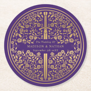 Purple Royal Medieval Sword Wedding Round Paper Coaster