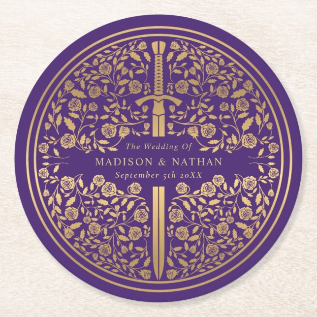 Purple Royal Medieval Sword Wedding Round Paper Coaster (Front)