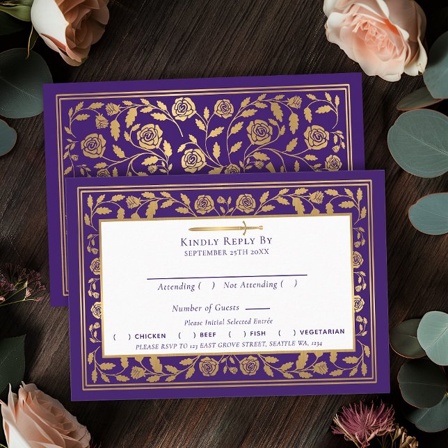 Purple Royal Medieval Sword Wedding RSVP Enclosure Card (Creator Uploaded)