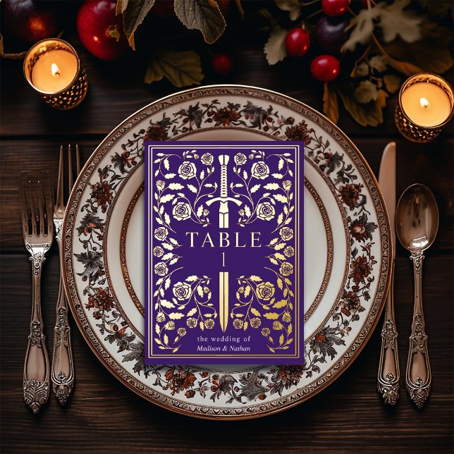 Purple Royal Medieval Sword Wedding Table Card (Creator Uploaded)