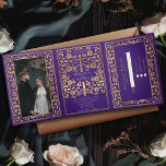 Purple Royal Medieval Sword Wedding Tri-Fold Invitation<br><div class="desc">Announce your wedding in style with this medieval fantasy tri-fold invitation! This invite features a majestic gold sword and florals, with a special photo of the couple against a purple background—the perfect mix of romance and adventure. NOTE: This design does NOT feature real foil. Unsplash provided the placeholder image and...</div>