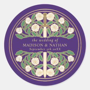 Purple Royal Medieval White Floral Sword Wedding Classic Round Sticker
