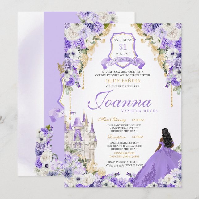 Purple Royal Princess Gold & Lavender Quinceanera Invitation (Front/Back)