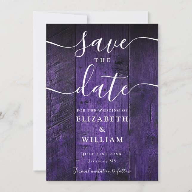 Purple Rustic Barn Wood Boho Chic Wedding  Save The Date (Front)
